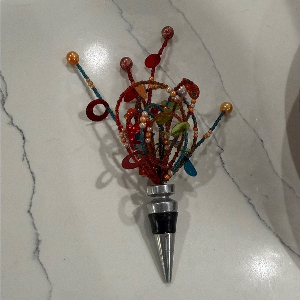 Decorative White Wine Bottle With Fireworks Beaded Stopper & Beads, Sequins Wrap - Picture 12 of 17